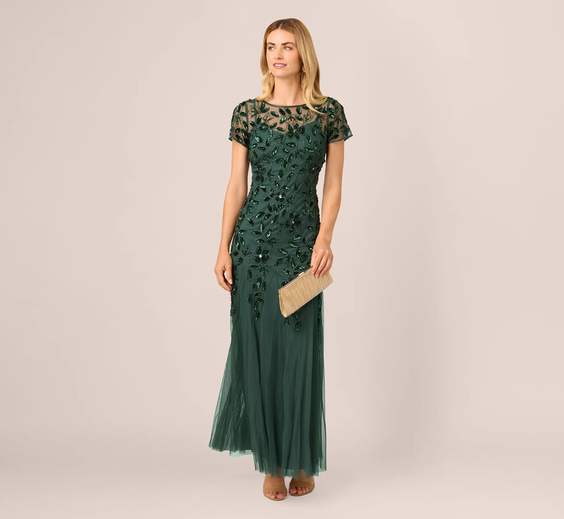 Hand Beaded Short Sleeve Floral Godet Gown In Dusty Emerald - luluinthesky