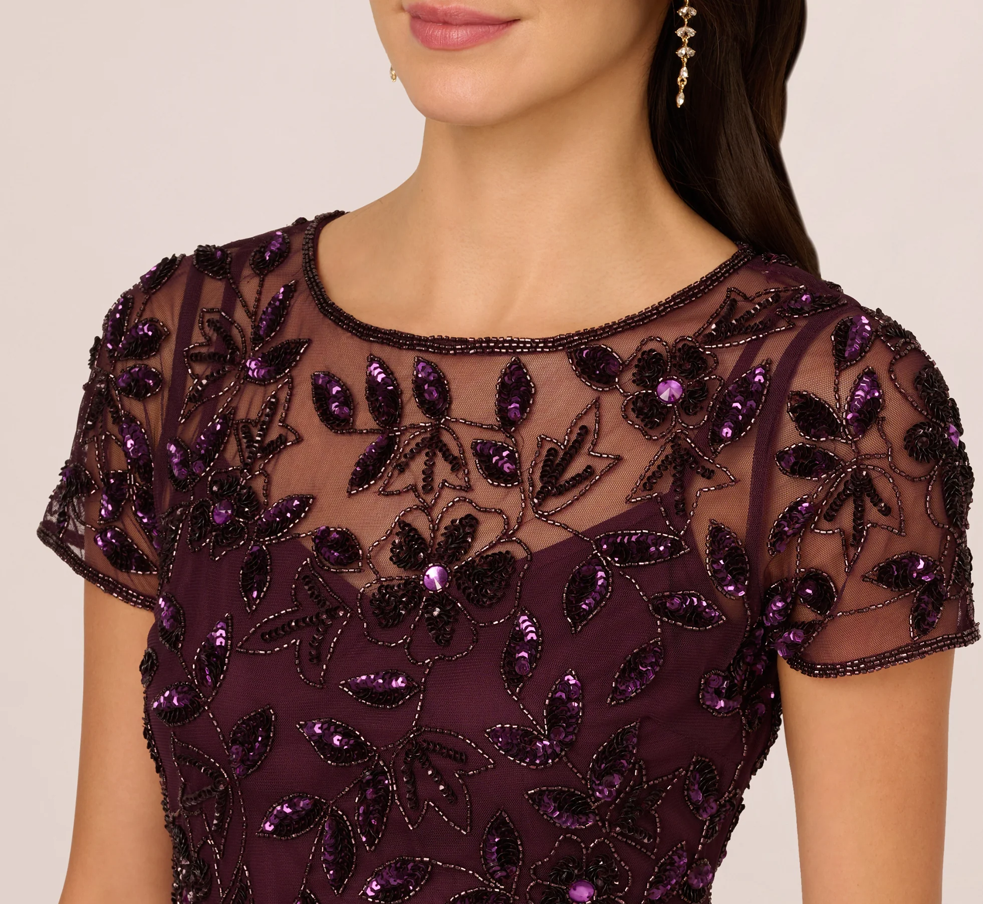 Hand Beaded Short Sleeve Floral Godet Gown In Night Plum - luluinthesky