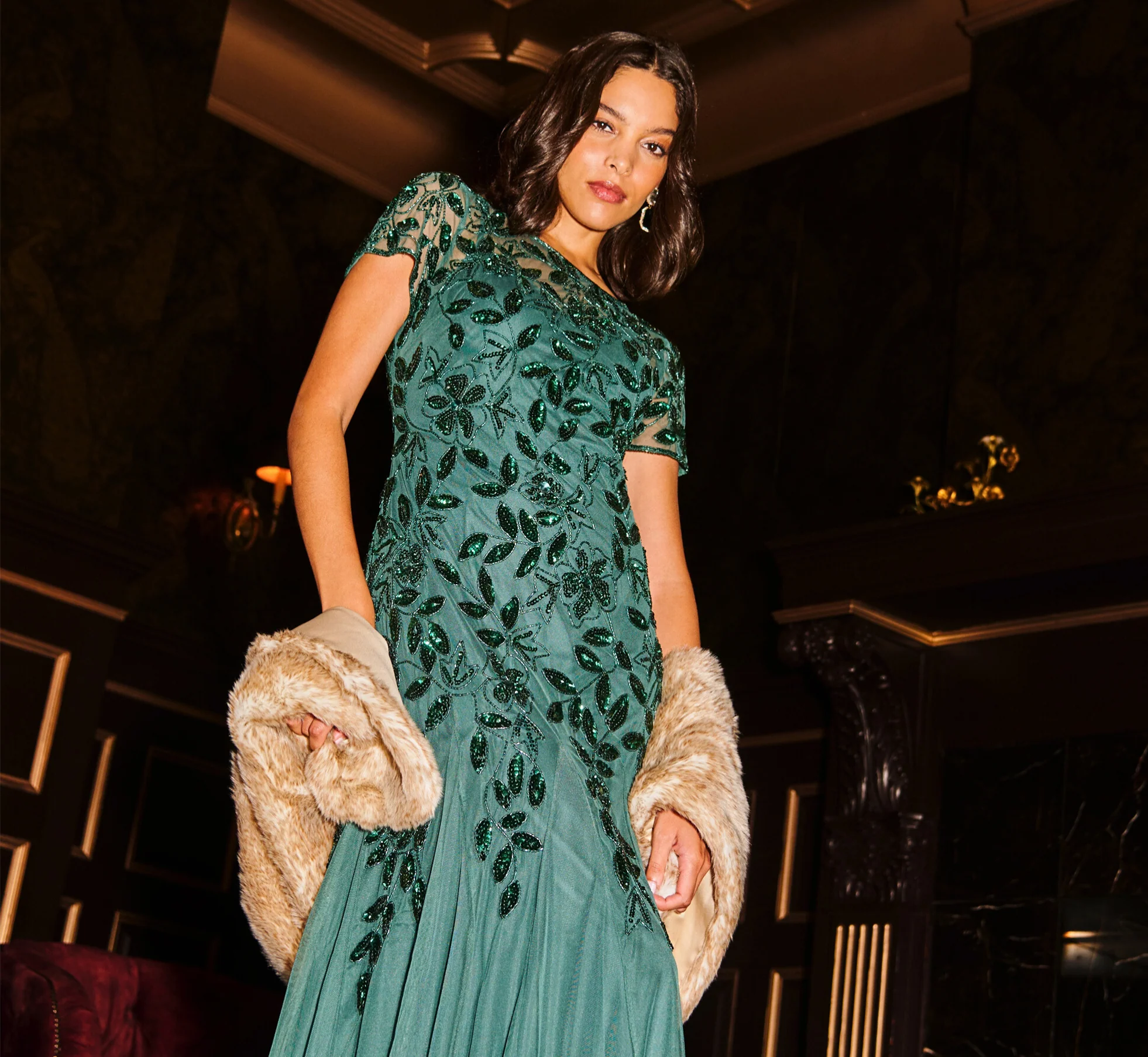 Hand Beaded Short Sleeve Floral Godet Gown In Dusty Emerald - luluinthesky