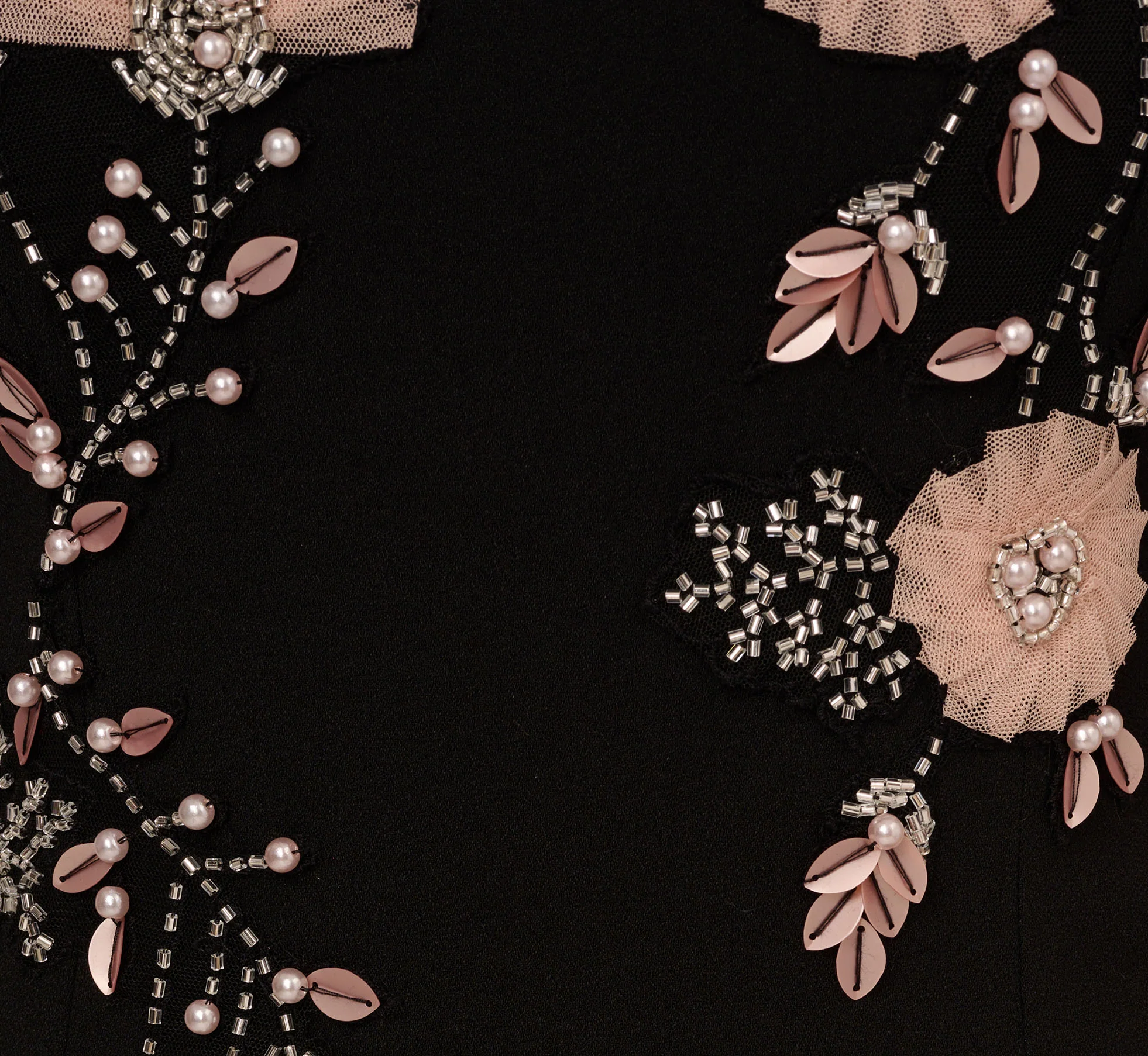 Flutter Sleeve Crepe Gown With Floral Sequin Beading In Black Blush Multi - luluinthesky