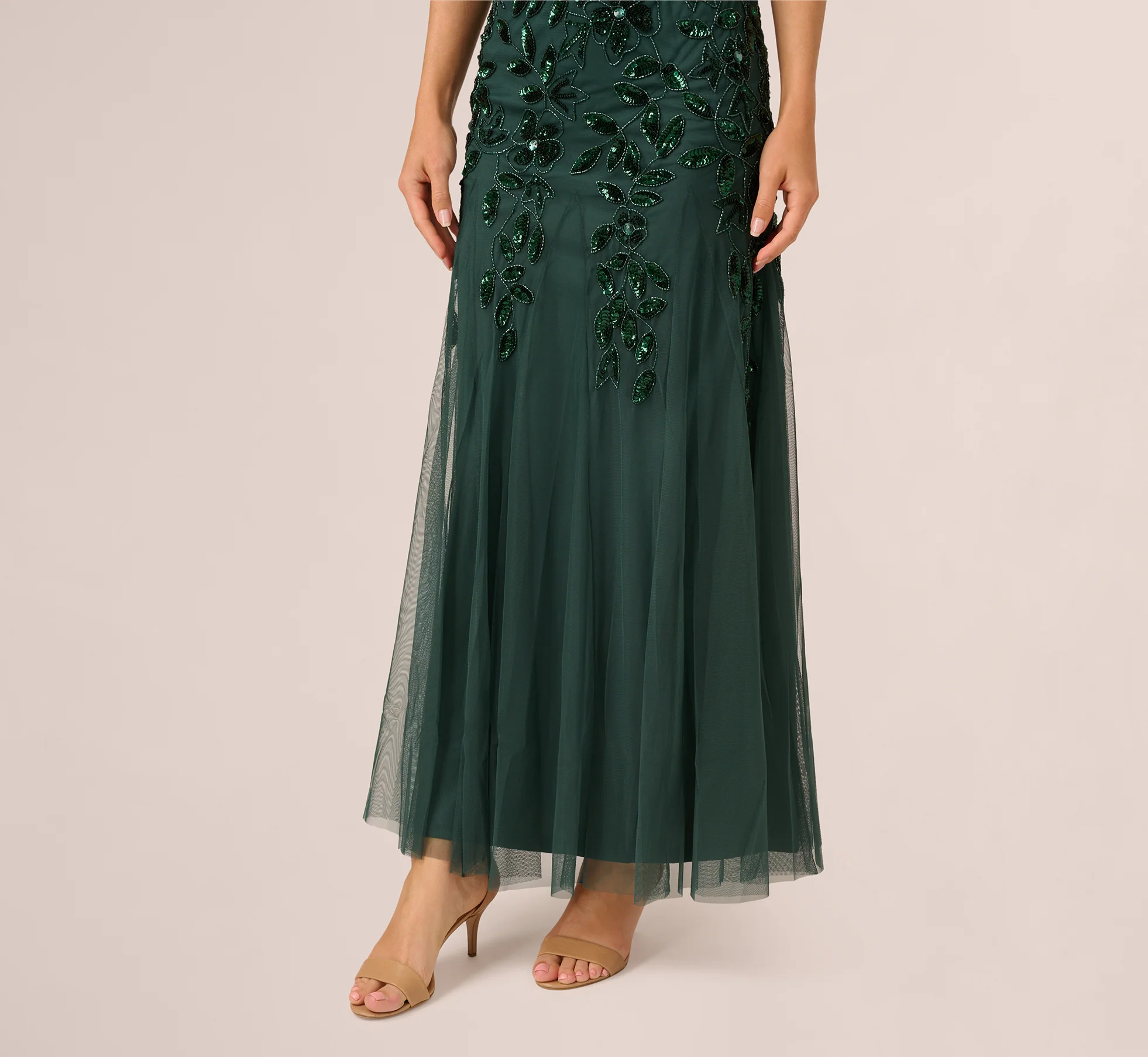 Hand Beaded Short Sleeve Floral Godet Gown In Dusty Emerald - luluinthesky