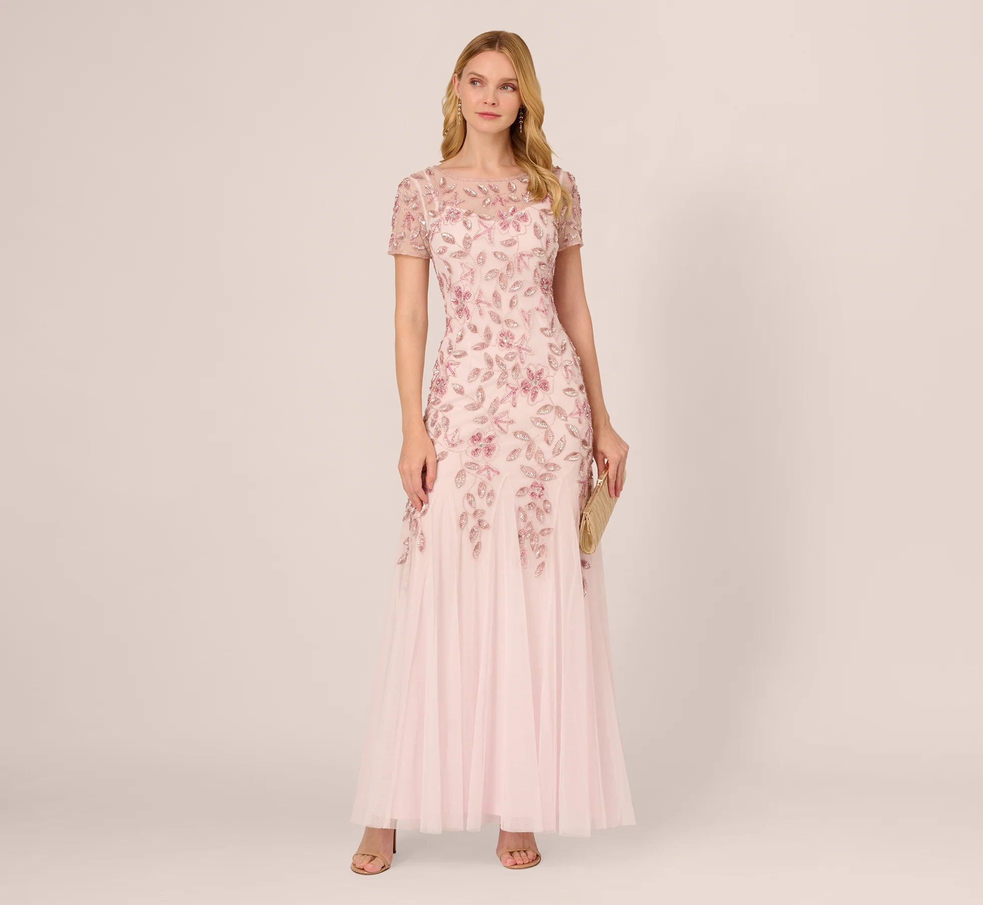 Hand Beaded Short Sleeve Floral Godet Gown In Blush Pink - luluinthesky