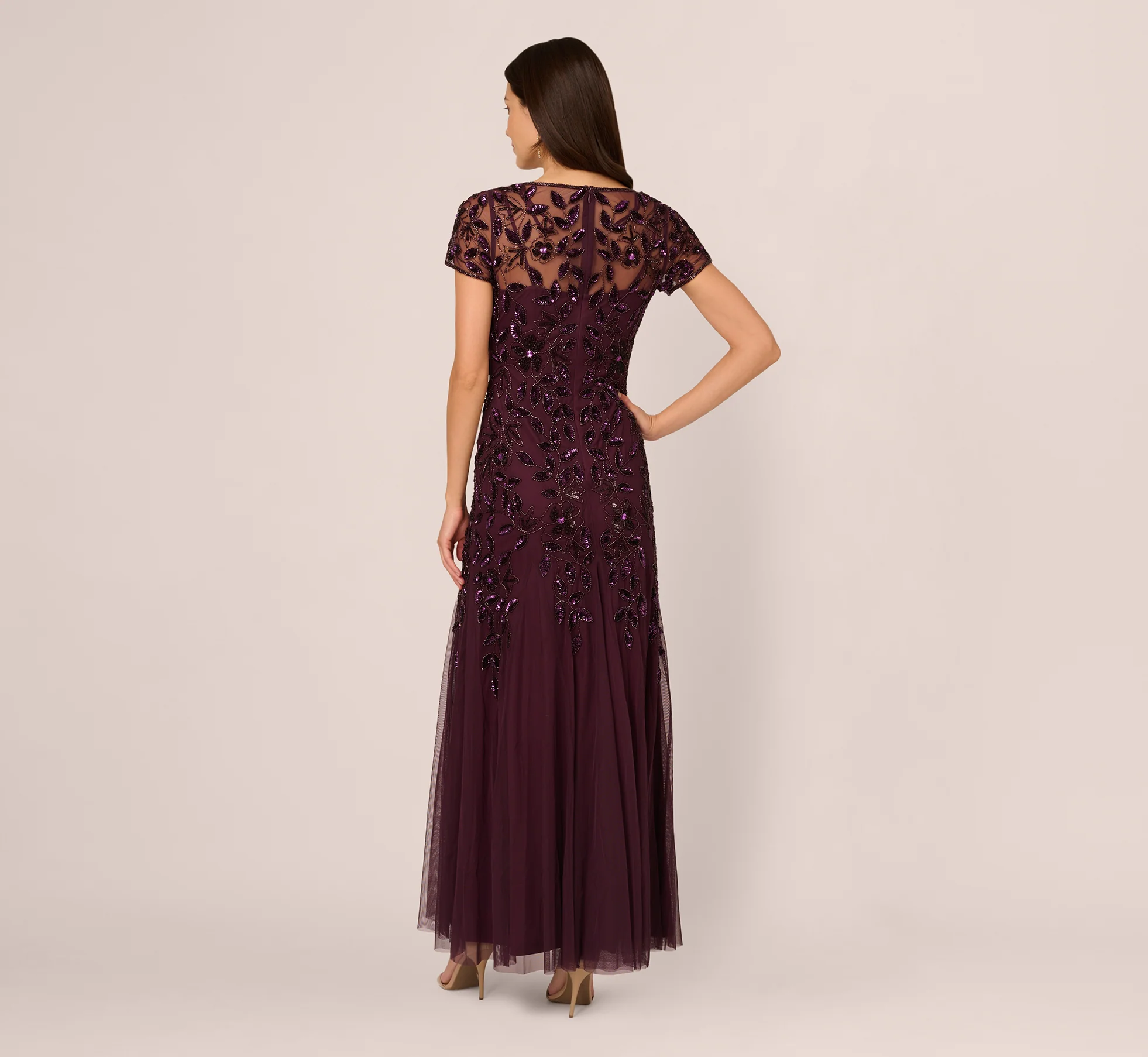 Hand Beaded Short Sleeve Floral Godet Gown In Night Plum - luluinthesky