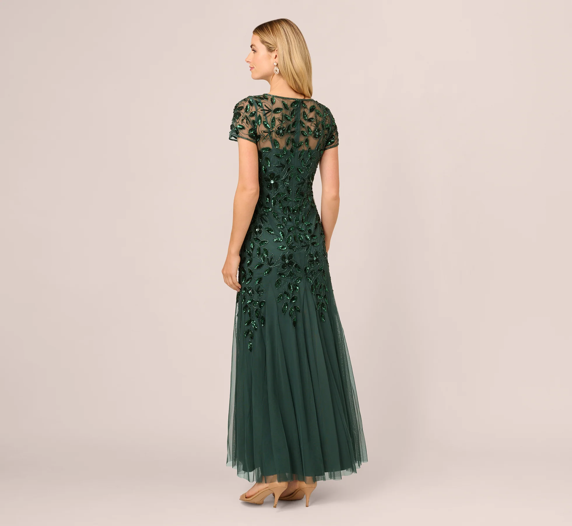 Hand Beaded Short Sleeve Floral Godet Gown In Dusty Emerald - luluinthesky