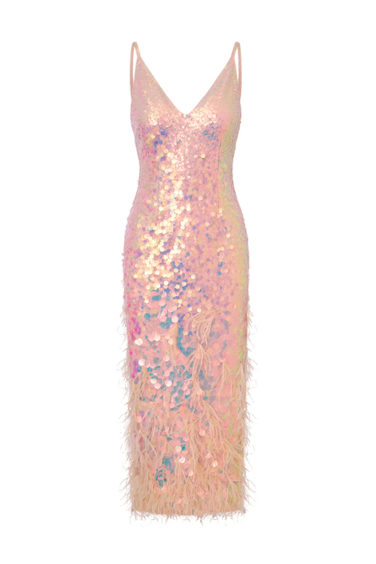 Miriana Iridescent Midi Dress With Feathers - luluinthesky