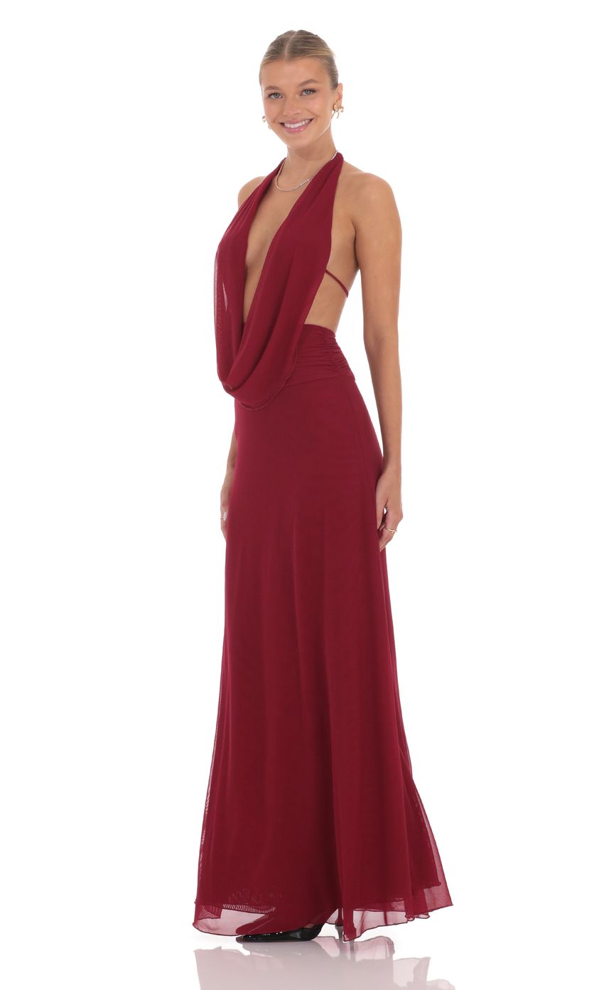 Mesh Plunge Cowl Neck Dress in Maroon - luluinthesky