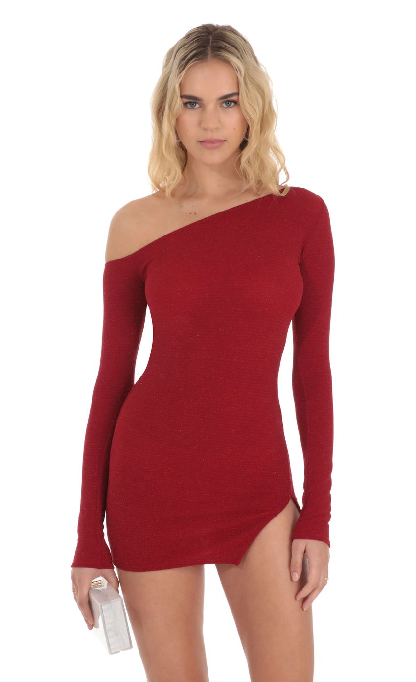 Shimmer One Off Shoulder Bodycon Dress in Red - luluinthesky
