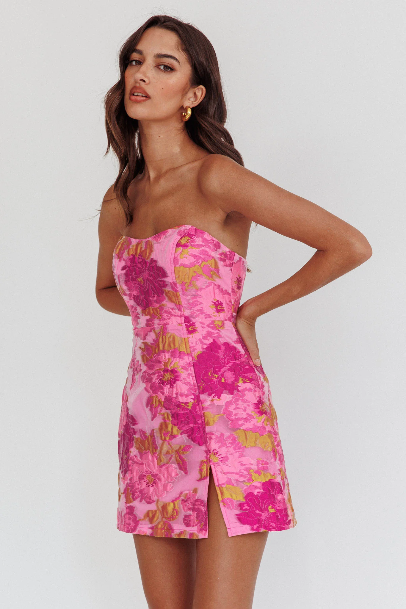 Marlina Strapless Jacquard Mini Dress Pink - luluinthesky