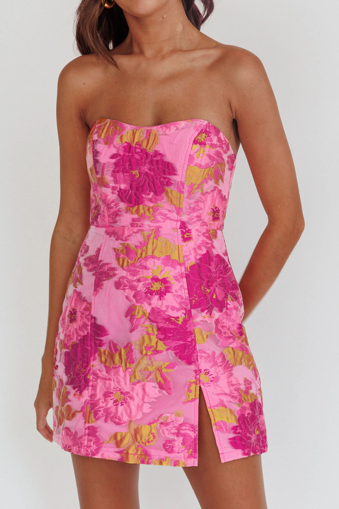 Marlina Strapless Jacquard Mini Dress Pink - luluinthesky