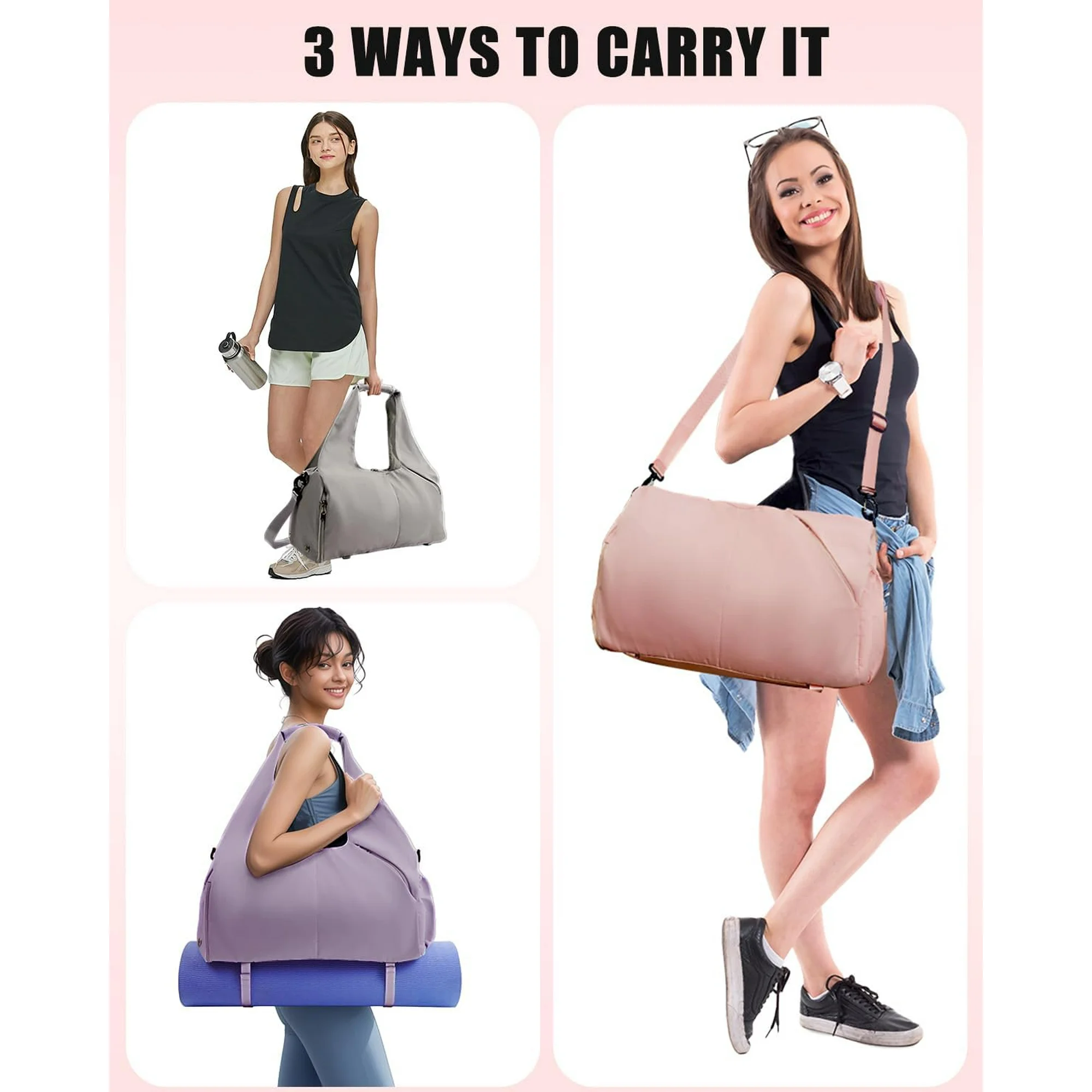 Gym Bag for Women with Shoe Compartment Yoga Mat Bag with Wet Pocket and Water Bottle Holder Weekender Bag with Shoulder Strap, Gray - luluinthesky