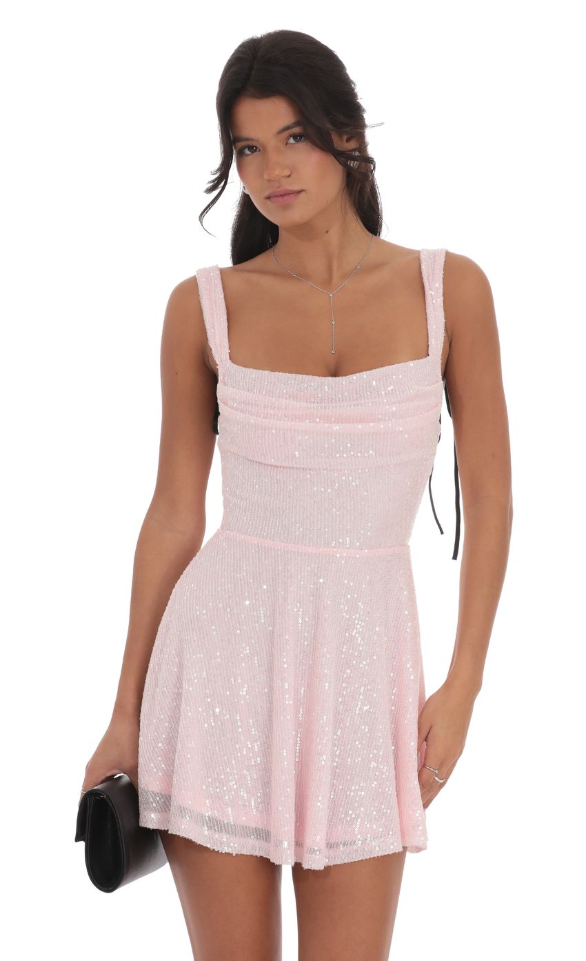 Sequin Black Ribbon A-line Dress in Pink - luluinthesky