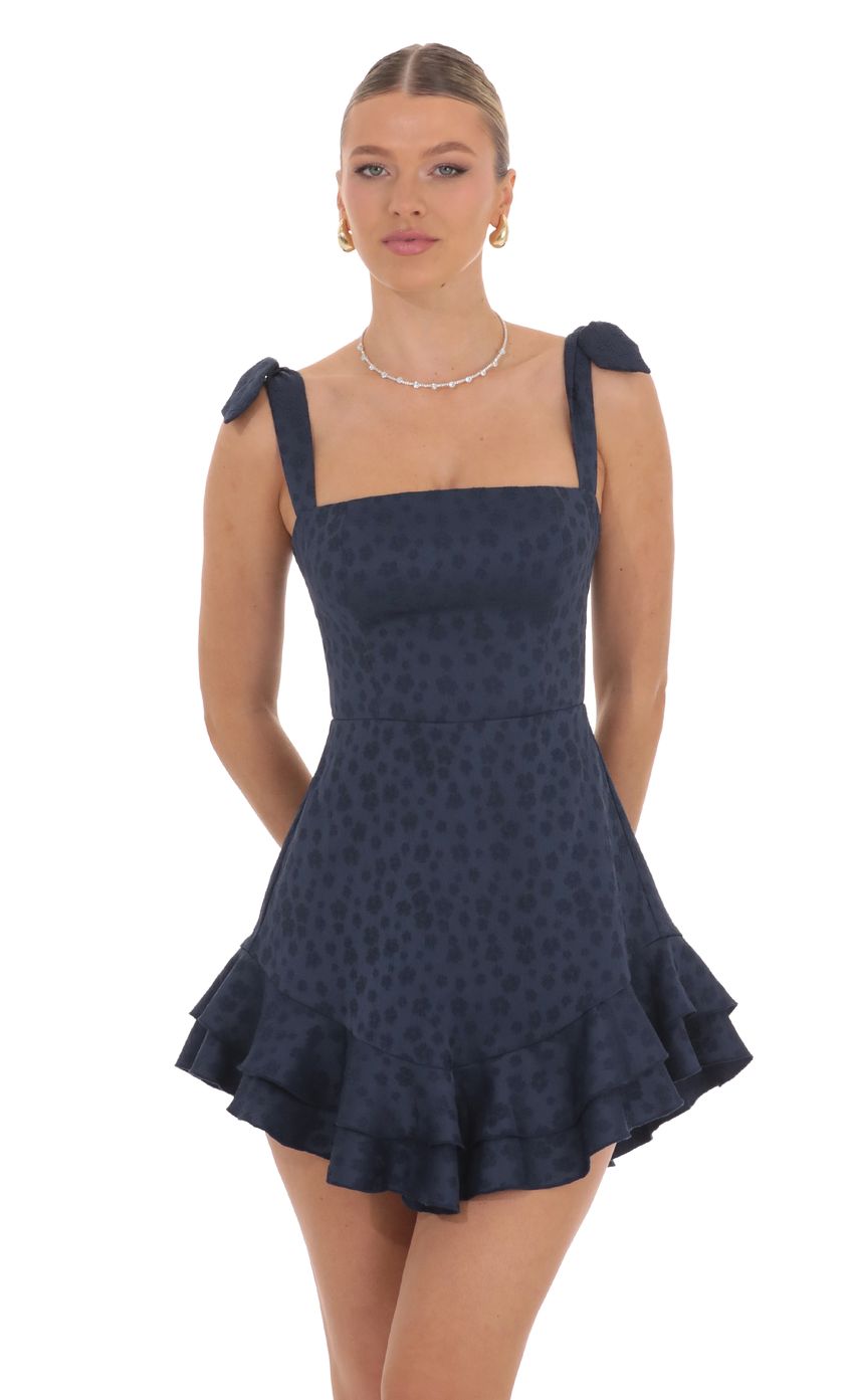 Floral Jacquard Ruffle A-line Dress in Navy - luluinthesky