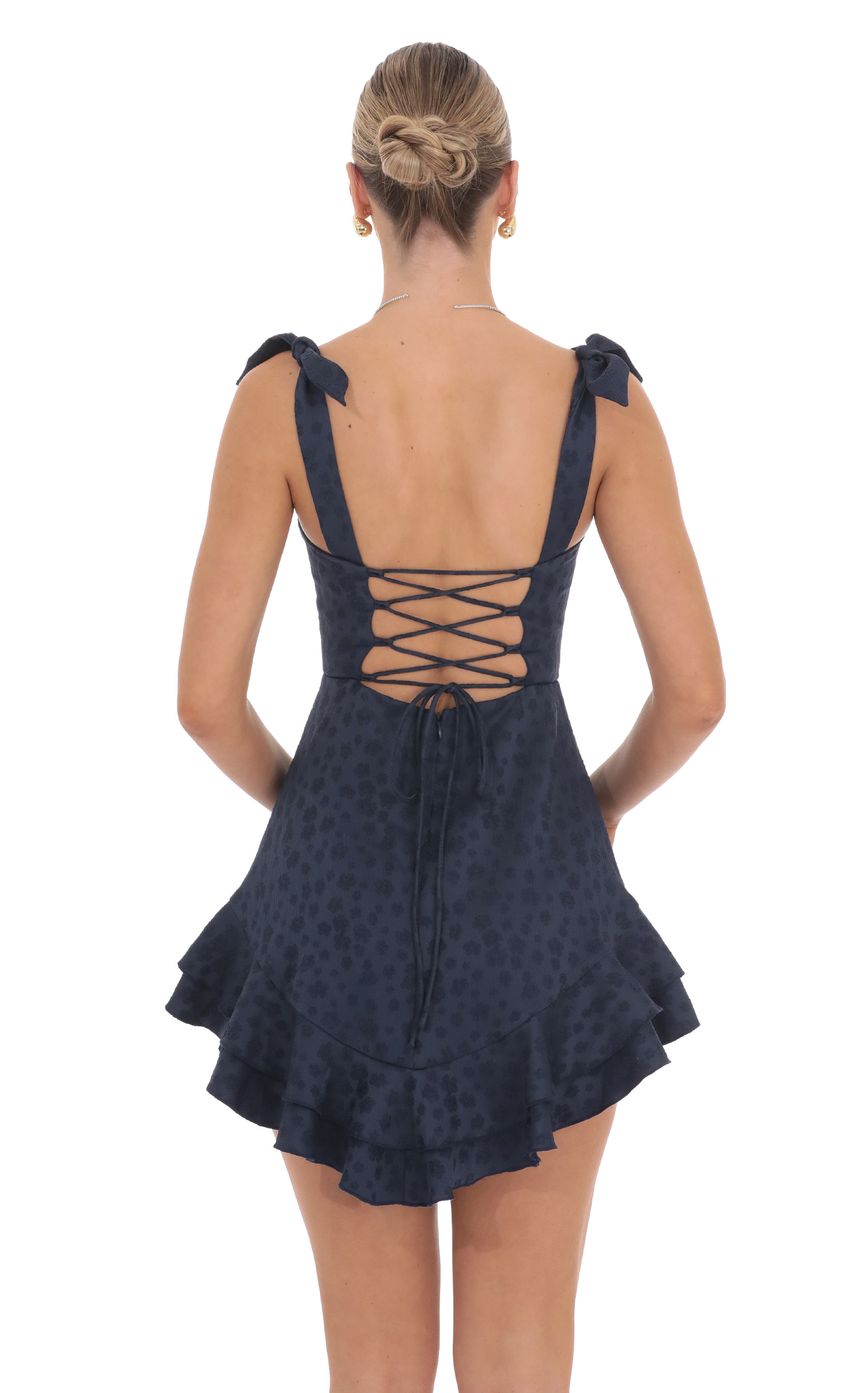 Floral Jacquard Ruffle A-line Dress in Navy - luluinthesky