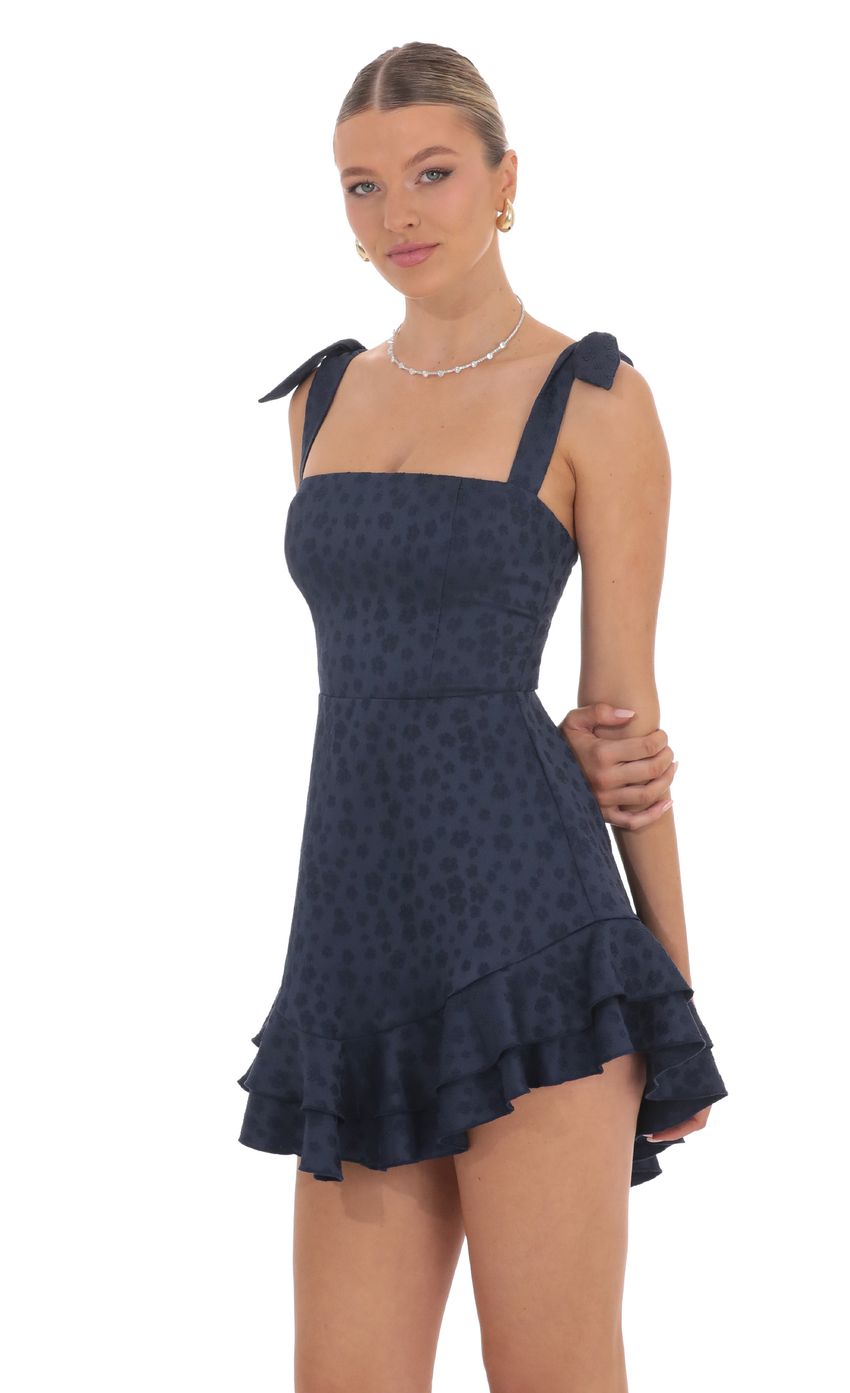 Floral Jacquard Ruffle A-line Dress in Navy - luluinthesky