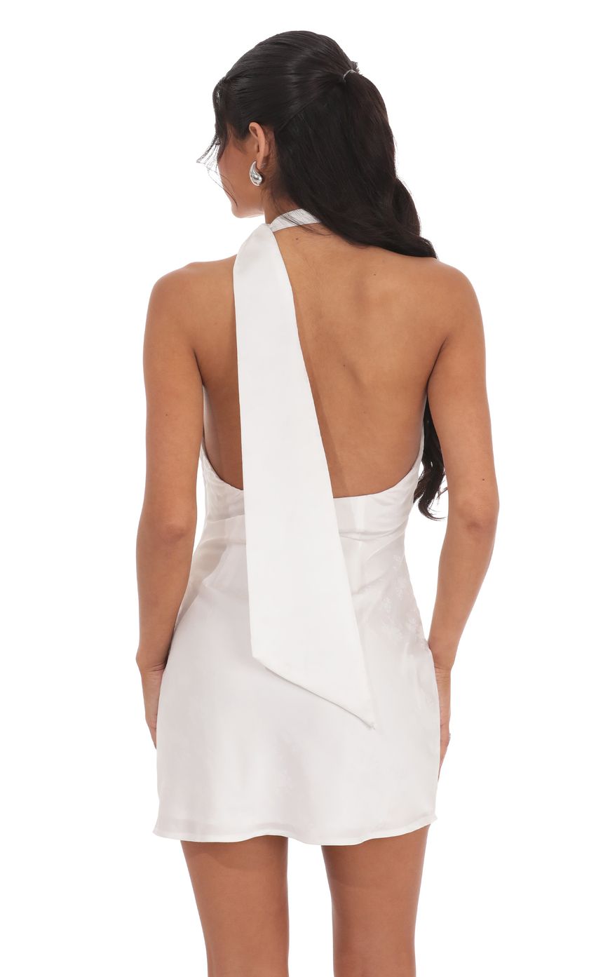 Satin Jacquard Scarf Halter Dress in White - luluinthesky