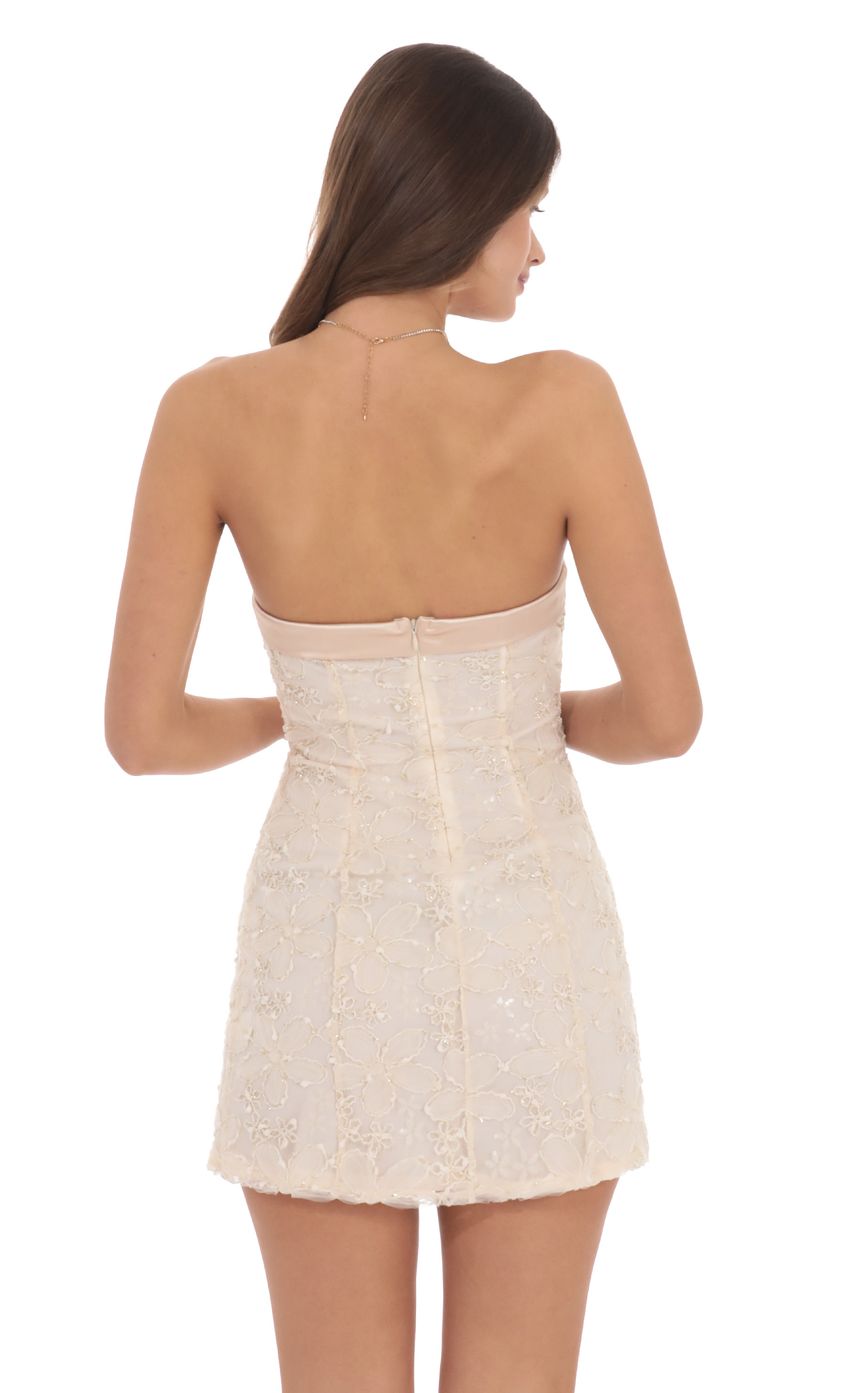 Strapless Floral Shimmer Sequin Dress in Cream - luluinthesky