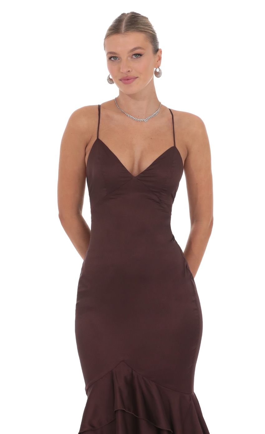 Satin Ruffle Fishtail Maxi Dress in Brown - luluinthesky