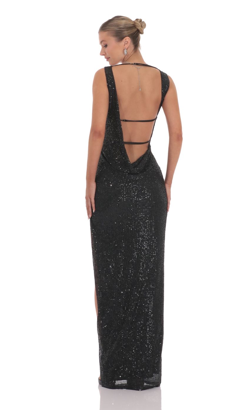 Sequin High Neck Open Back Maxi Dress in Black - luluinthesky