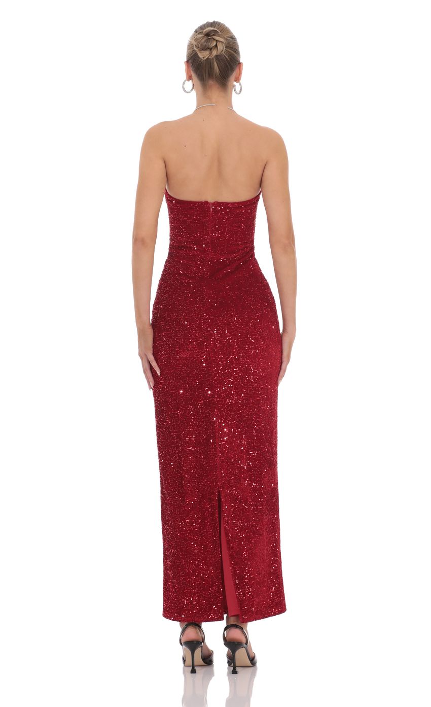 Velvet Sequin Strapless Maxi Dress in Red - luluinthesky