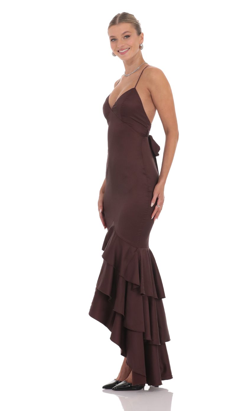 Satin Ruffle Fishtail Maxi Dress in Brown - luluinthesky