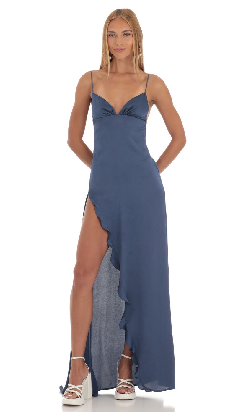 Satin Ruffle Maxi Dress in Blue - luluinthesky