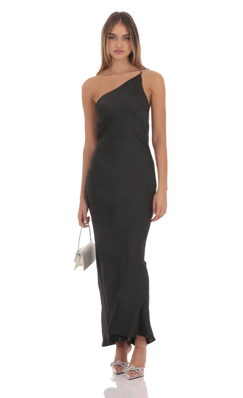 One Shoulder Pearl Satin Maxi Dress in Black - luluinthesky