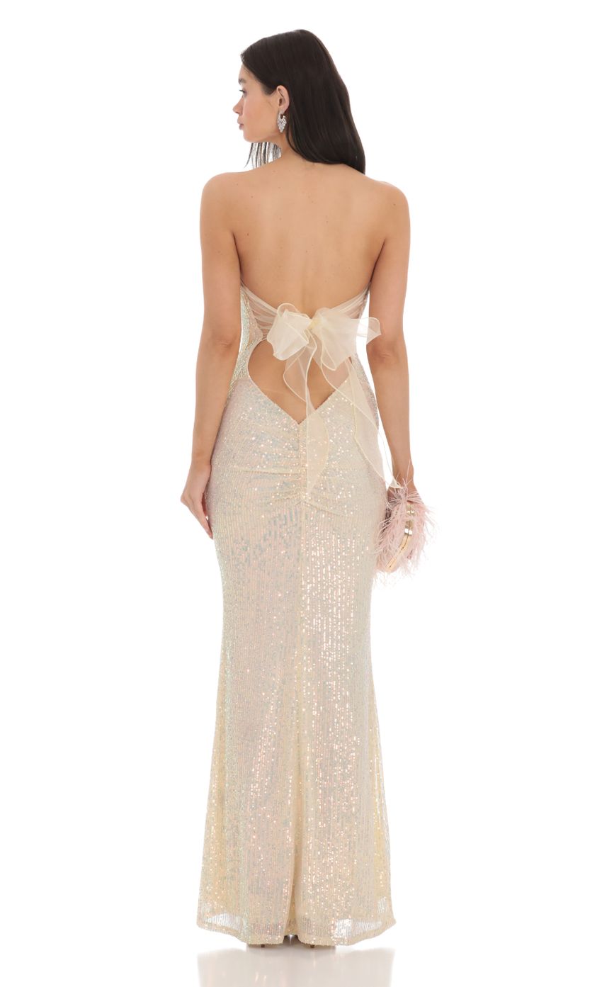 Iridescent Sequin Strapless Maxi Dress in Champagne - luluinthesky