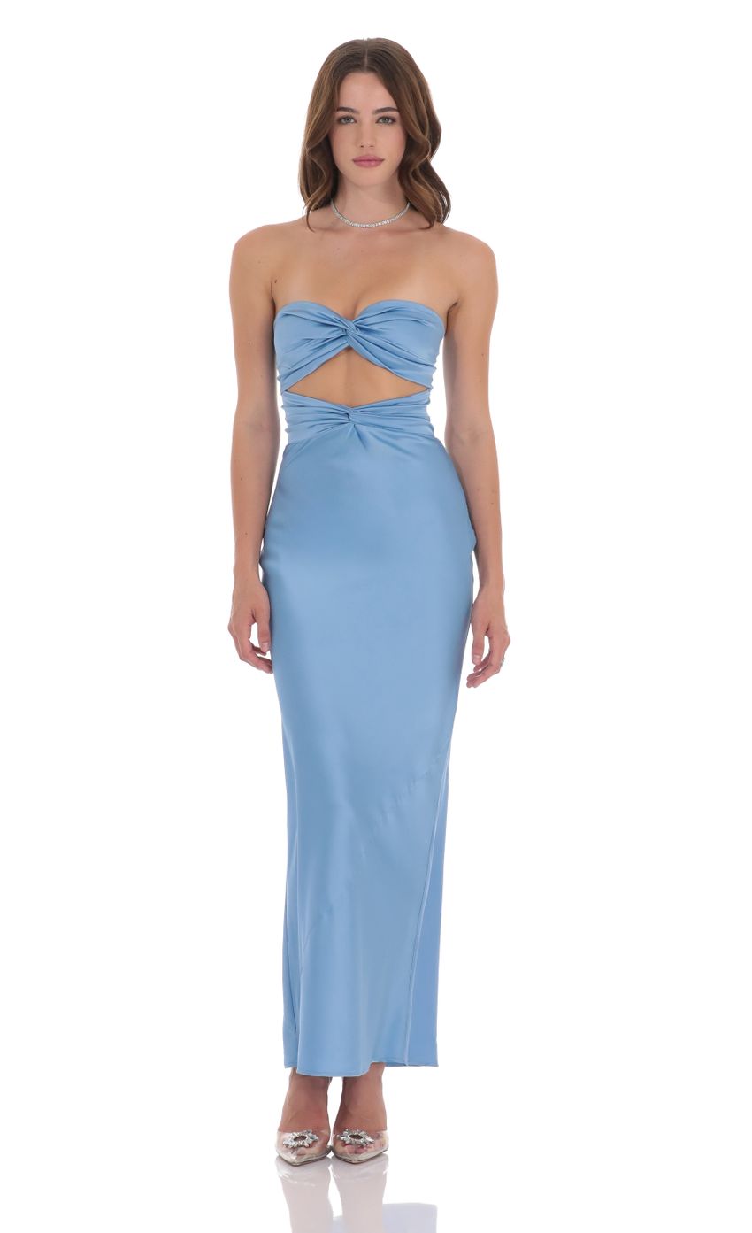 Satin Twist Cutout Maxi Dress in Light Blue - luluinthesky