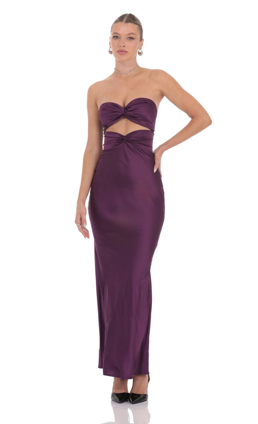Satin Twist Cutout Maxi Dress in Purple - luluinthesky
