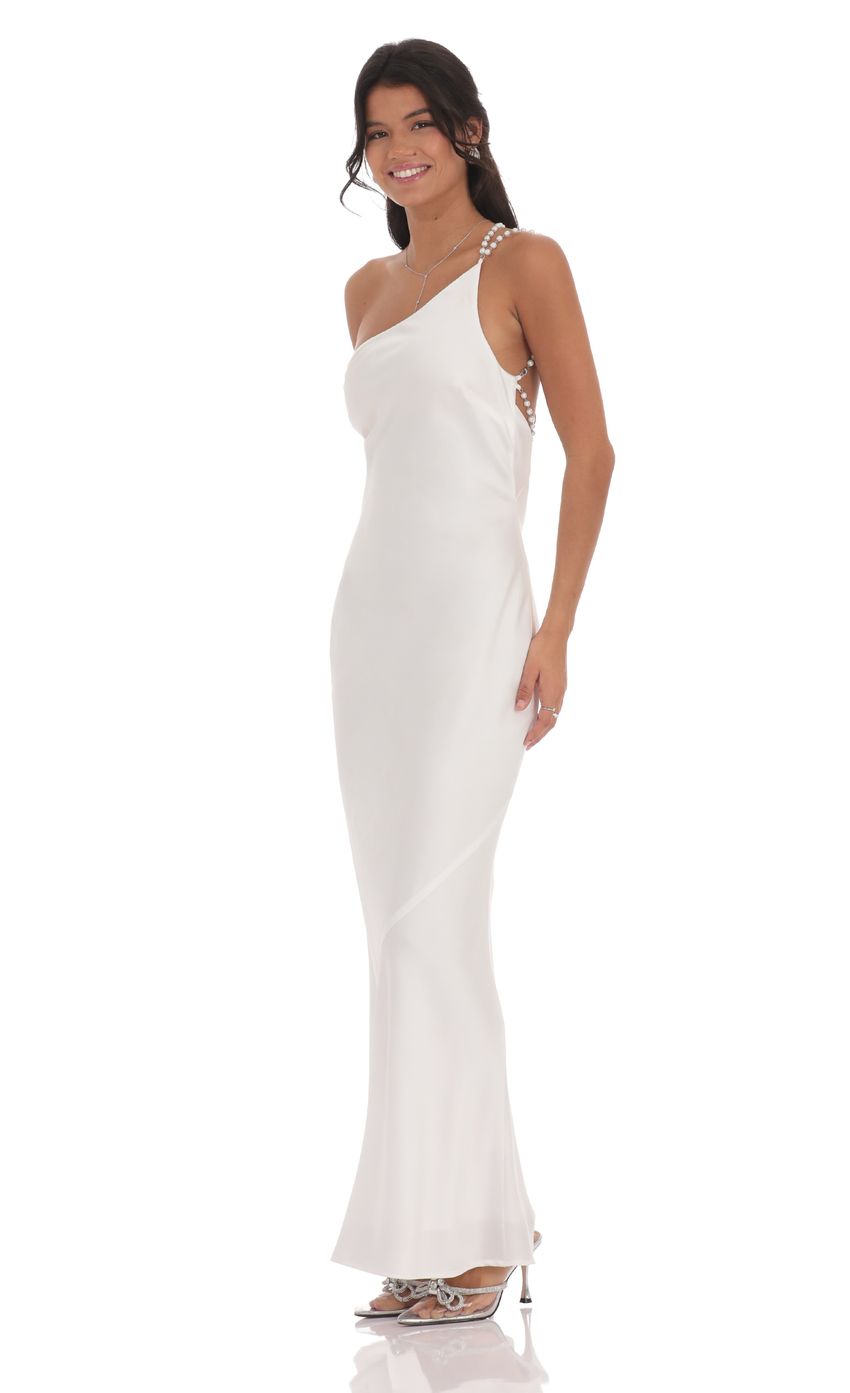 One Shoulder Pearl Satin Maxi Dress in White - luluinthesky
