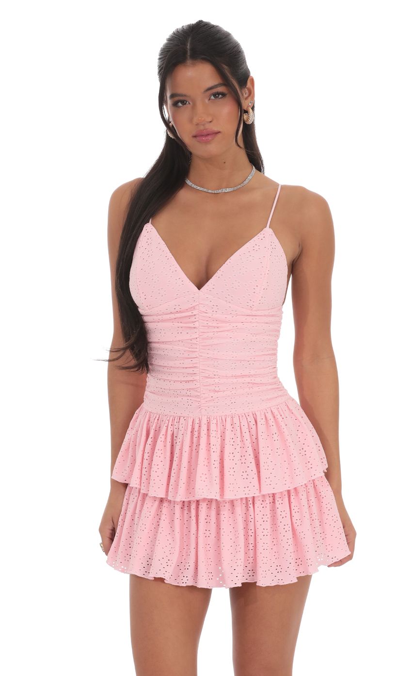 Ruched Ruffle Eyelet Dress in Pink - luluinthesky