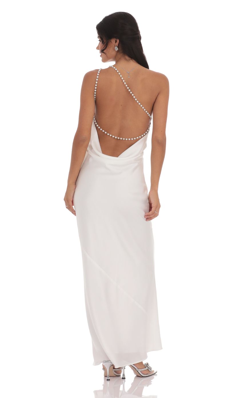 One Shoulder Pearl Satin Maxi Dress in White - luluinthesky