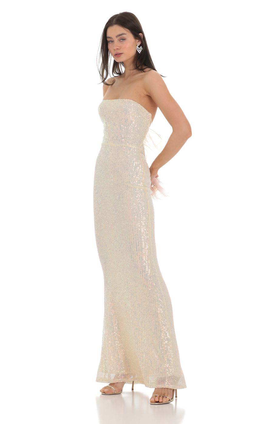 Iridescent Sequin Strapless Maxi Dress in Champagne - luluinthesky