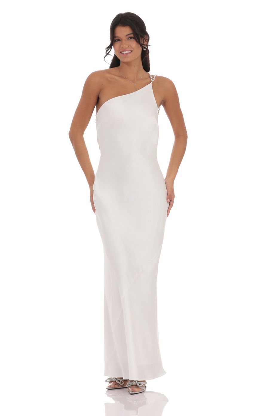 One Shoulder Pearl Satin Maxi Dress in White - luluinthesky