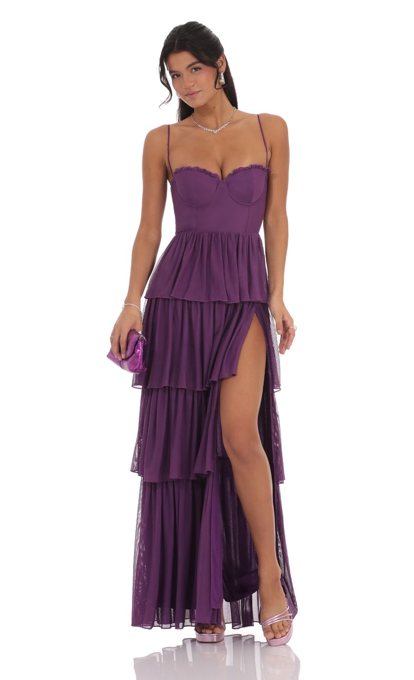 Mesh Ruffle Maxi Dress in Purple - luluinthesky