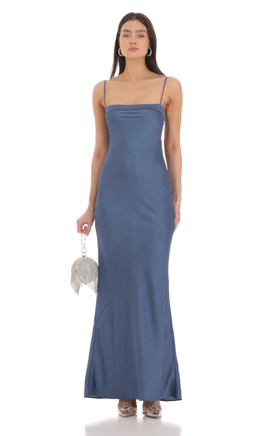 Satin Open Back Maxi Dress in Blue - luluinthesky