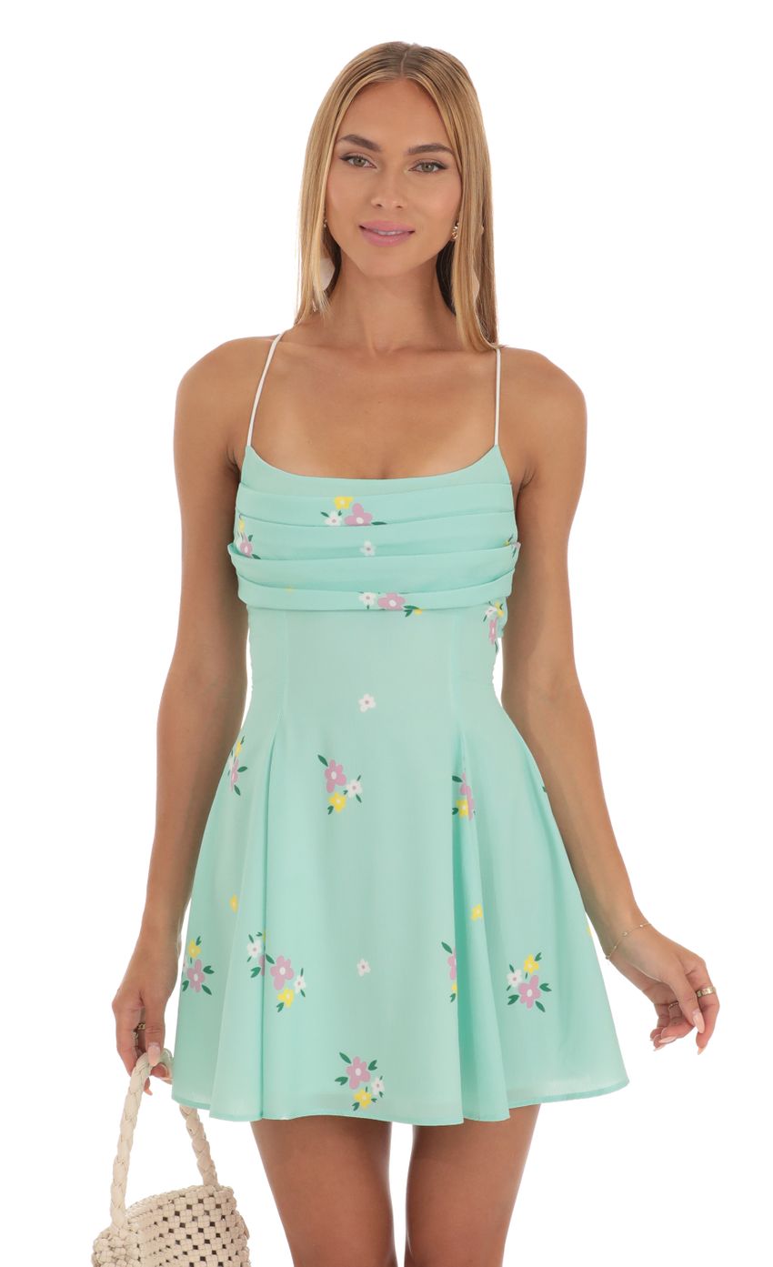 Draped A-Line Dress in Mint Floral Print - luluinthesky