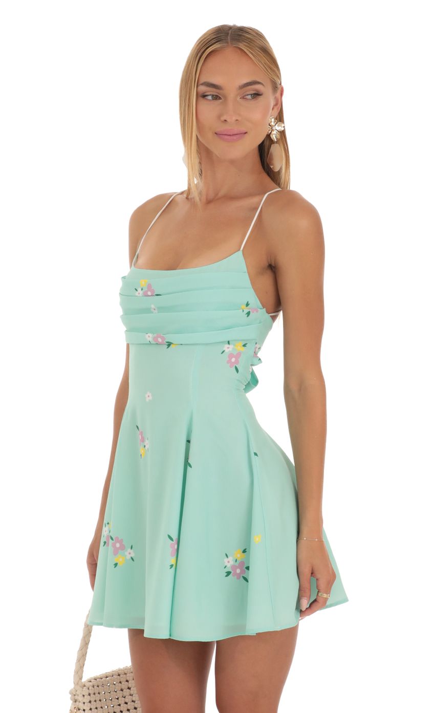 Draped A-Line Dress in Mint Floral Print - luluinthesky