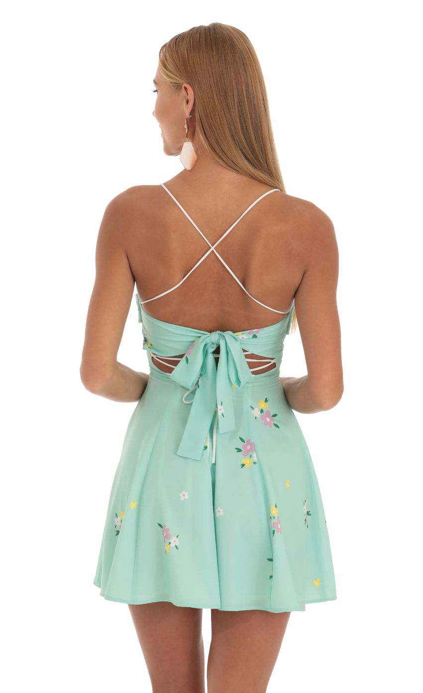 Draped A-Line Dress in Mint Floral Print - luluinthesky