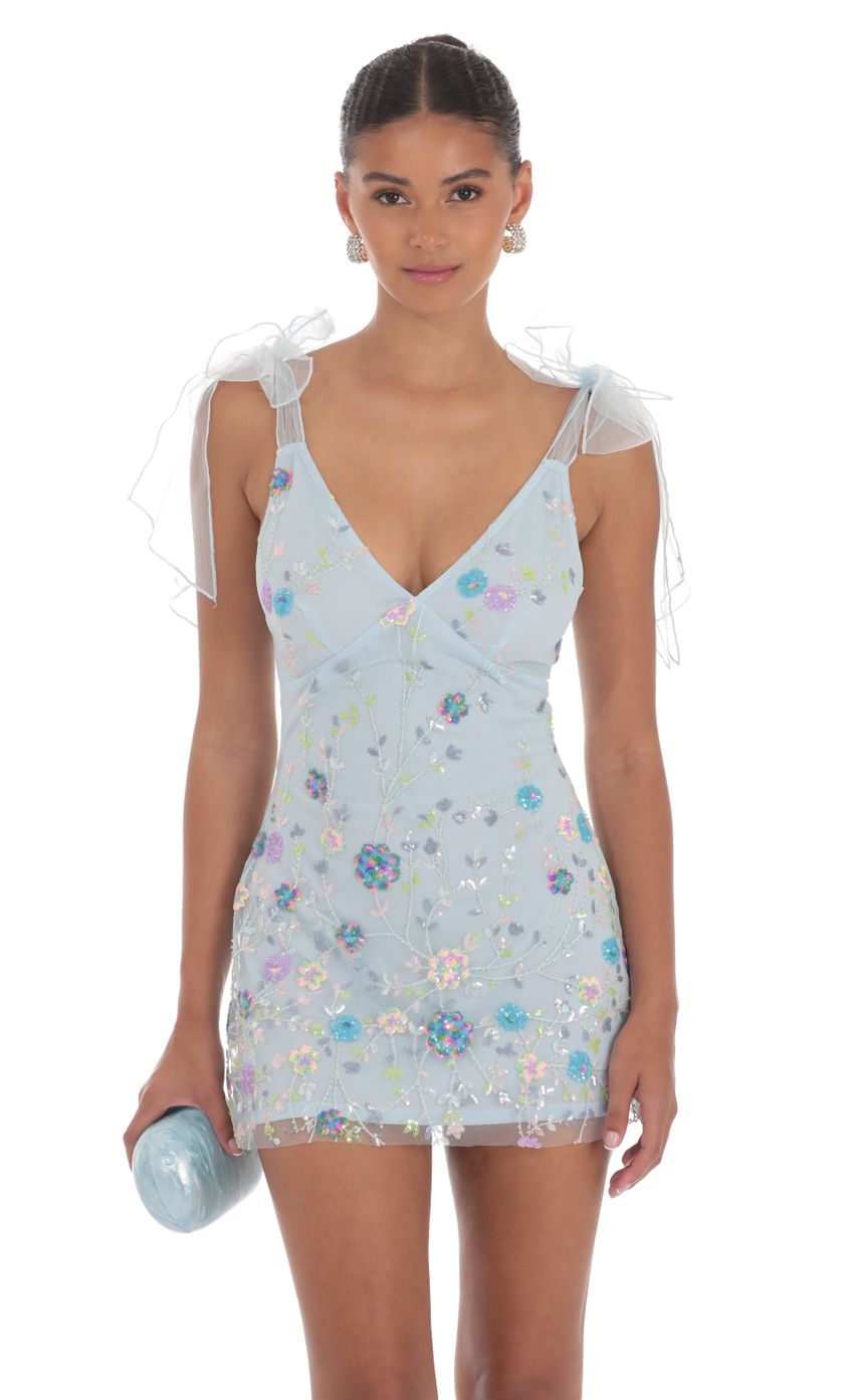 Floral Sequin V-Neck Dress in Blue - luluinthesky