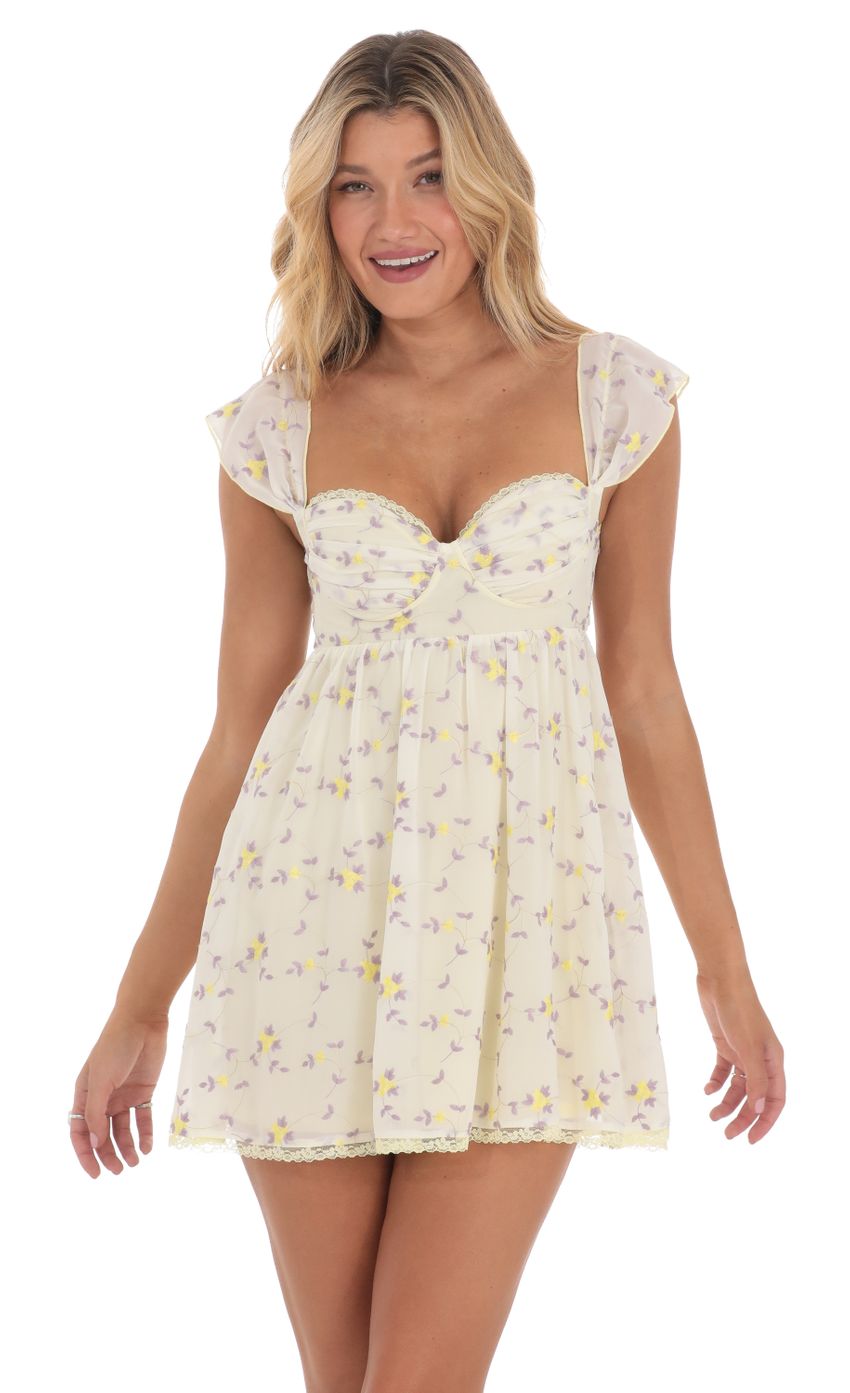 Embroidered Floral Babydoll Dress in Yellow - luluinthesky