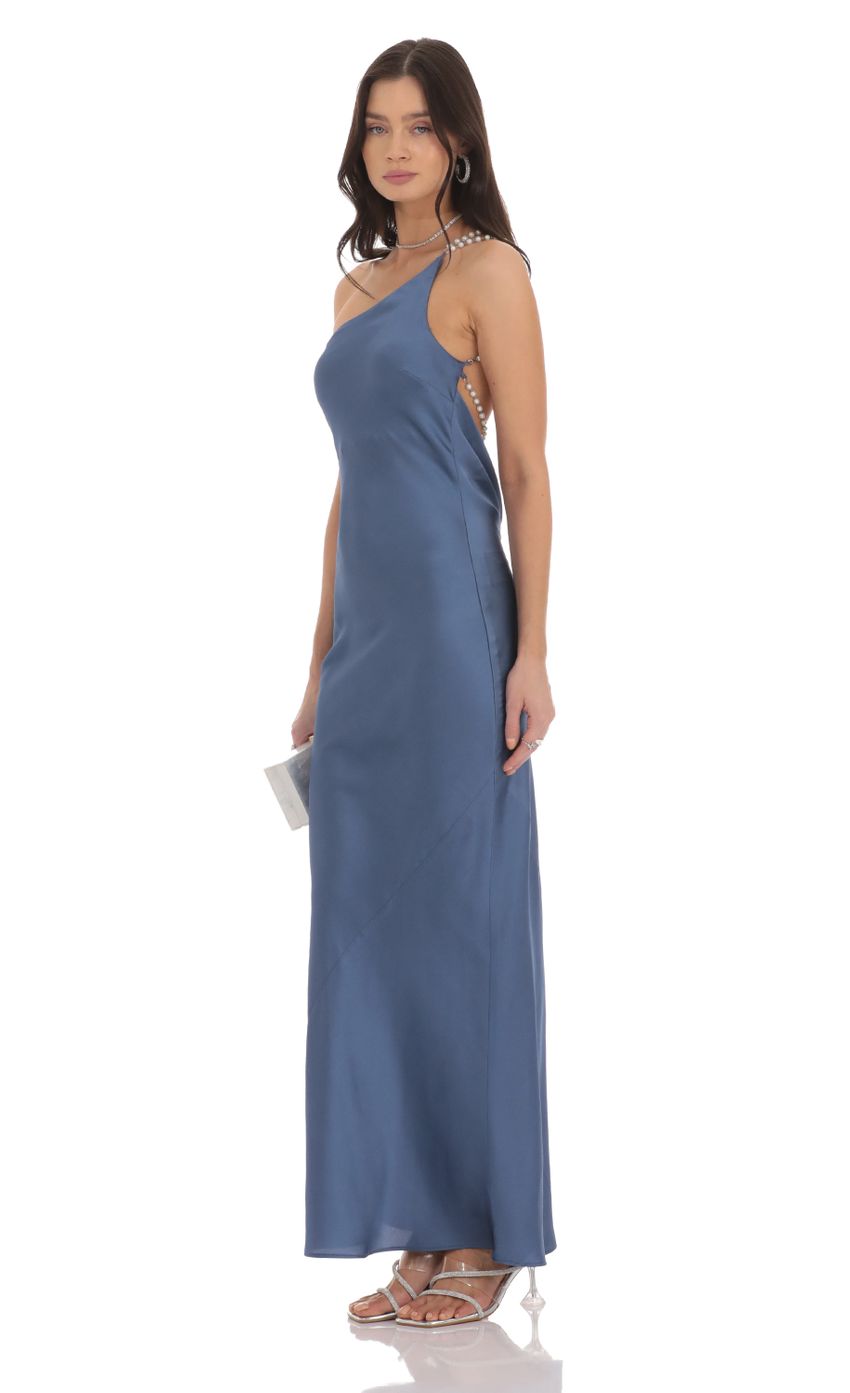 One Shoulder Pearl Satin Maxi Dress in Slate Blue - luluinthesky