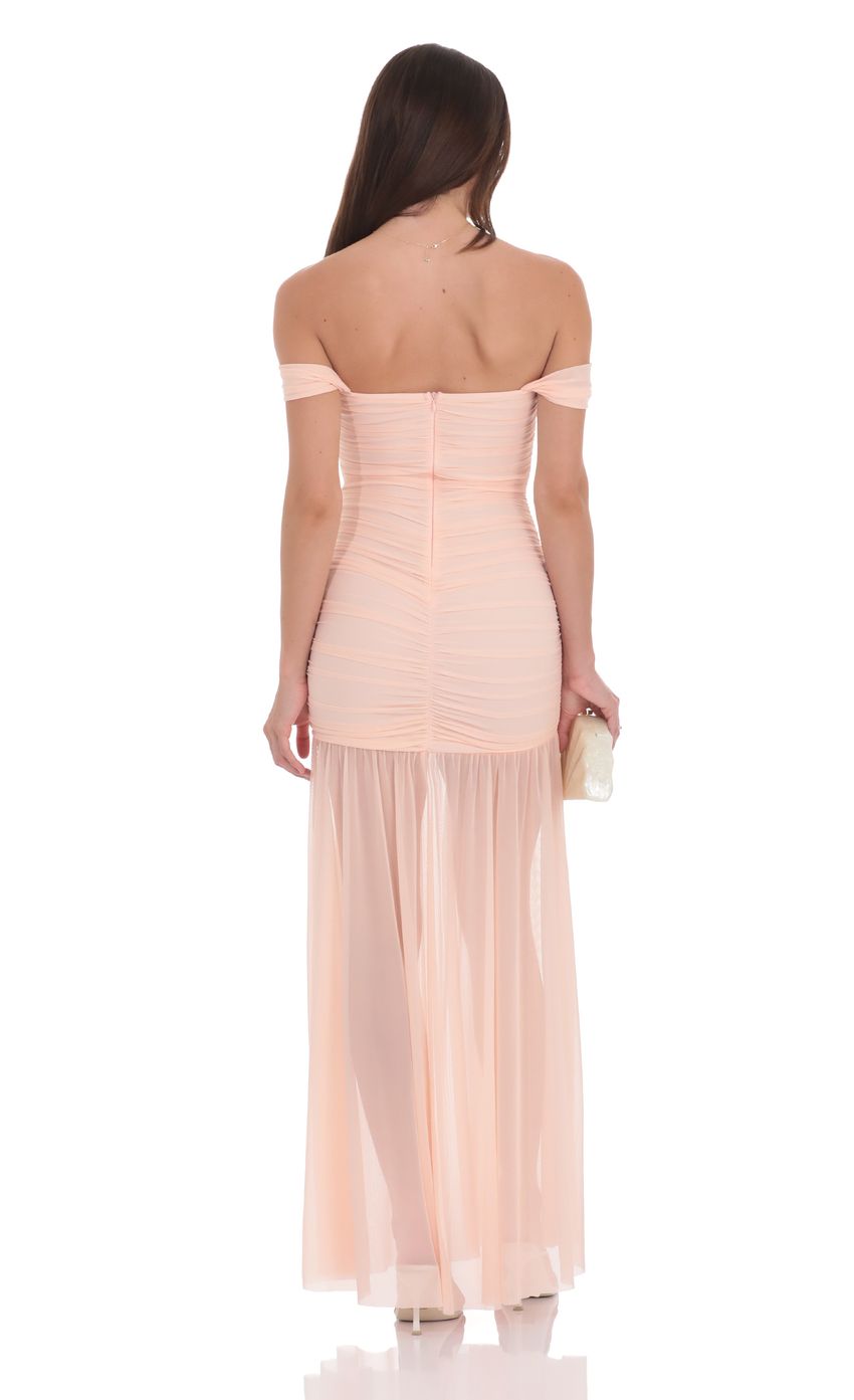 Mesh Off Shoulder Ruched Maxi Dress in Blush Pink - luluinthesky
