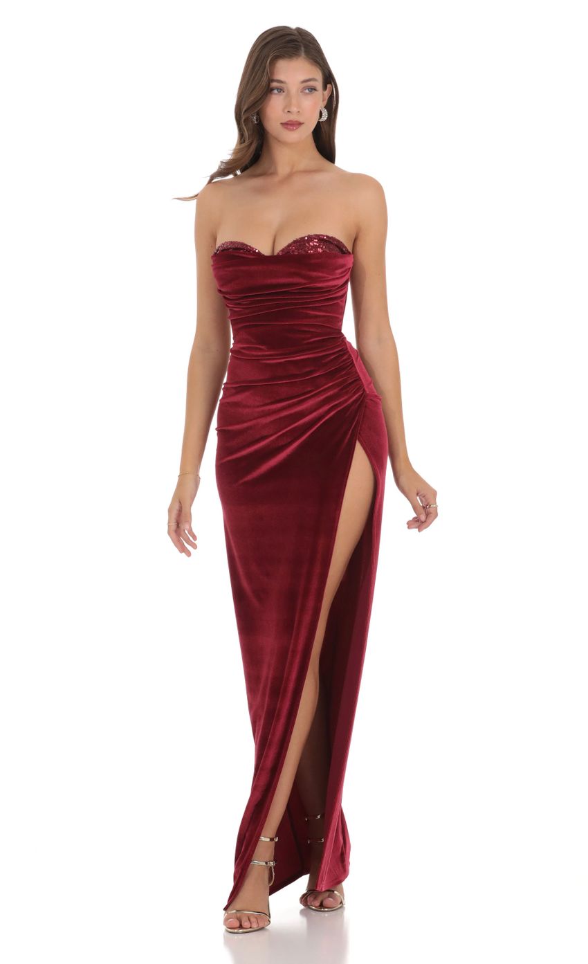 Strapless Velvet Sequin Bust Maxi Dress in Maroon - luluinthesky