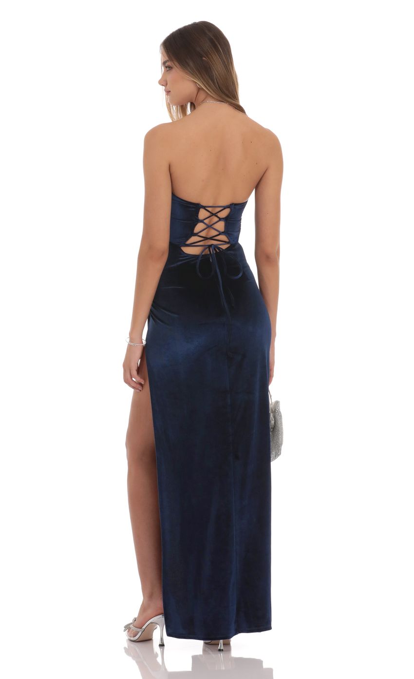 Strapless Velvet Sequin Bust Maxi Dress in Navy - luluinthesky