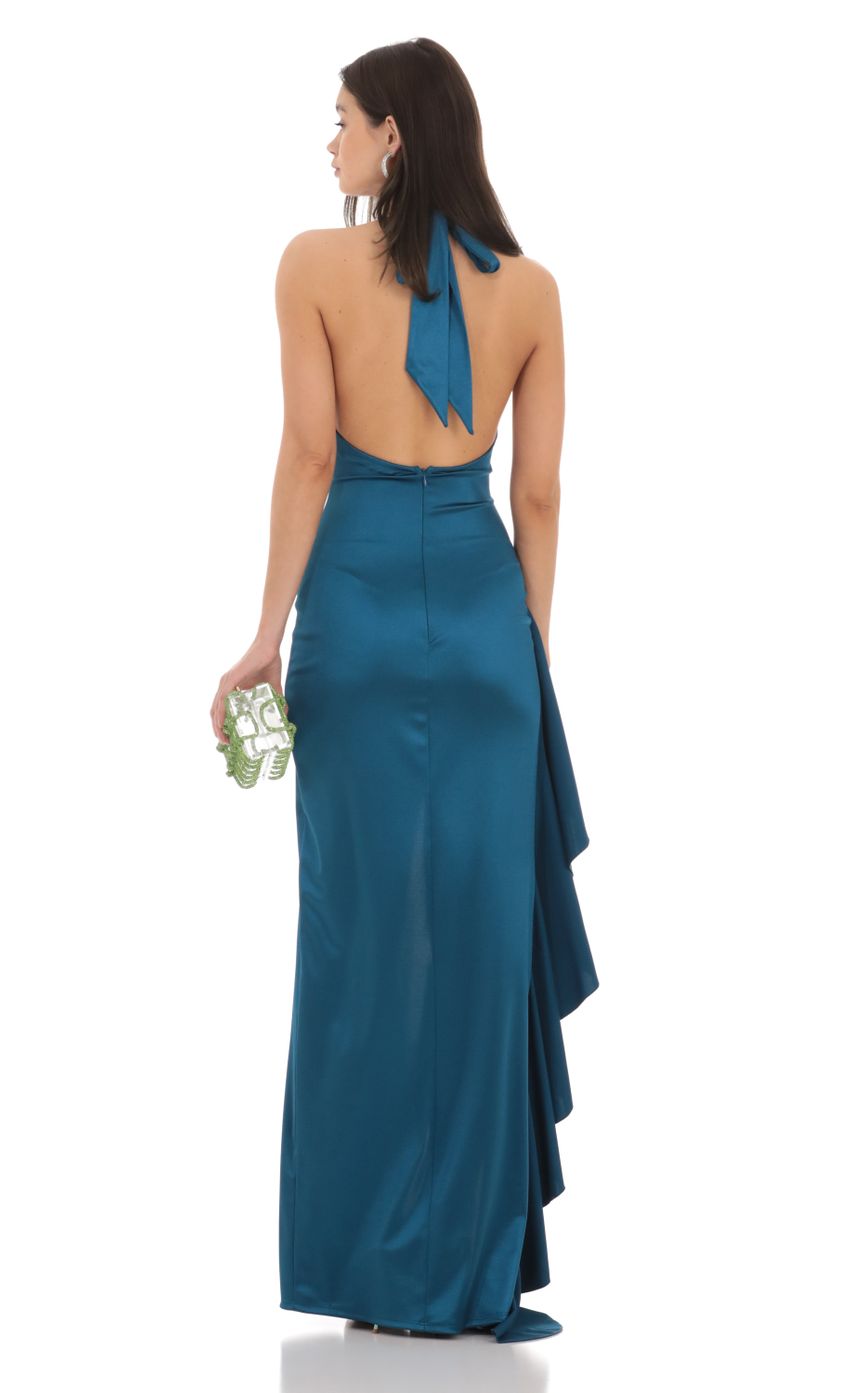 Satin Plunge Neck Halter Maxi Dress in Peacock Blue - luluinthesky