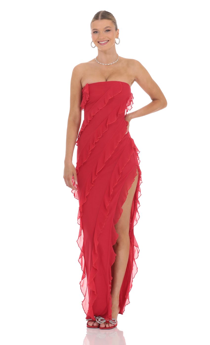 Mesh Ruffle Strapless Maxi Dress in Red - luluinthesky