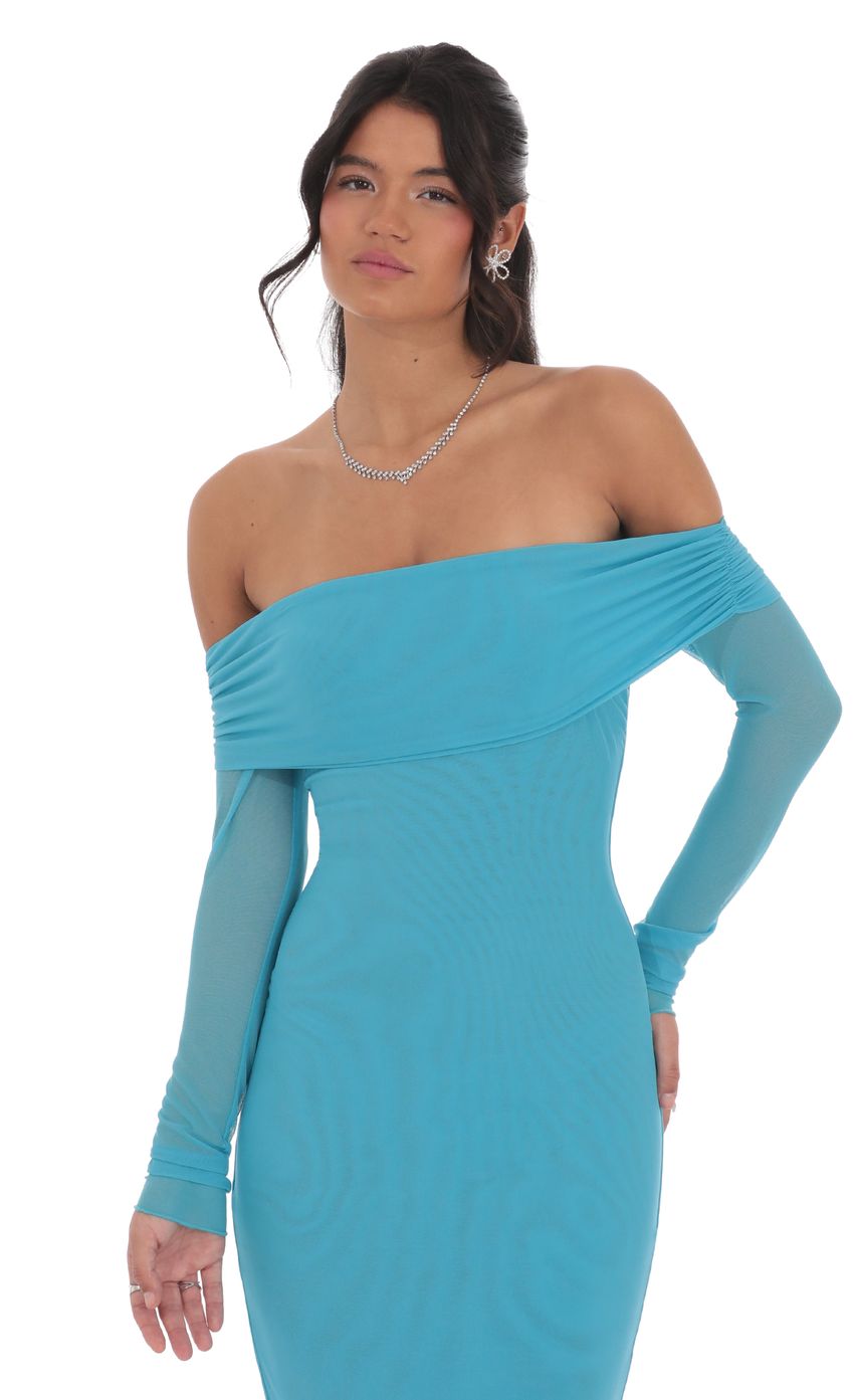 Mesh Off Shoulder Maxi Dress in Aqua Blue - luluinthesky