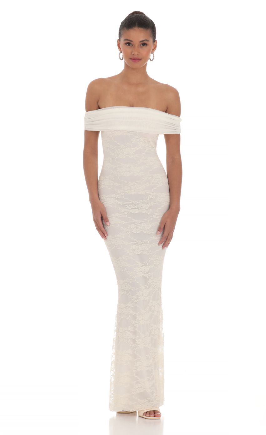 Off Shoulder Sheer Lace Maxi Dress in Cream - luluinthesky