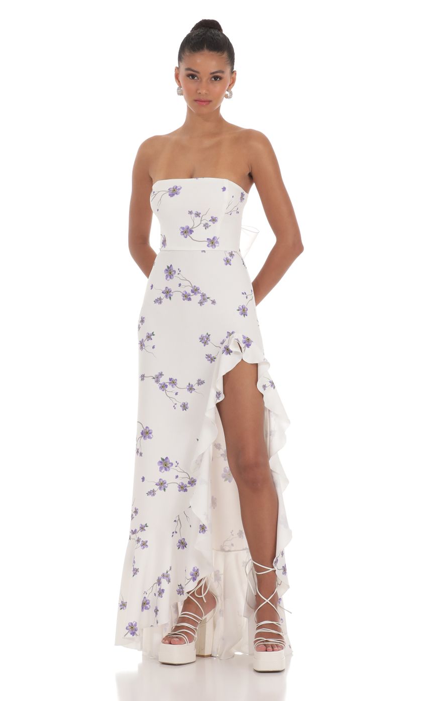 Floral Strapless Back Bow Corset Maxi Dress in White - luluinthesky